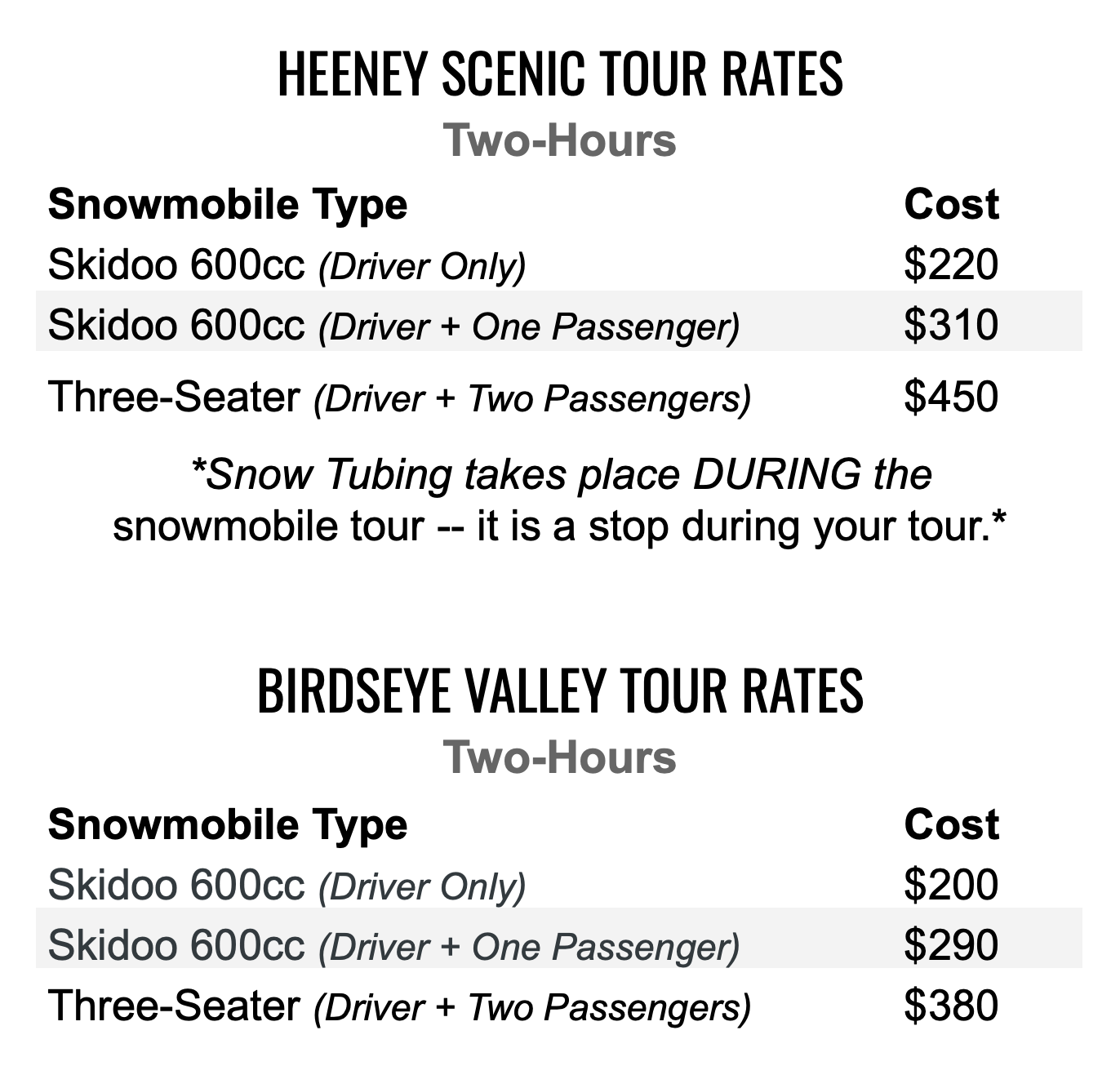 beginner snowmobile tour rates